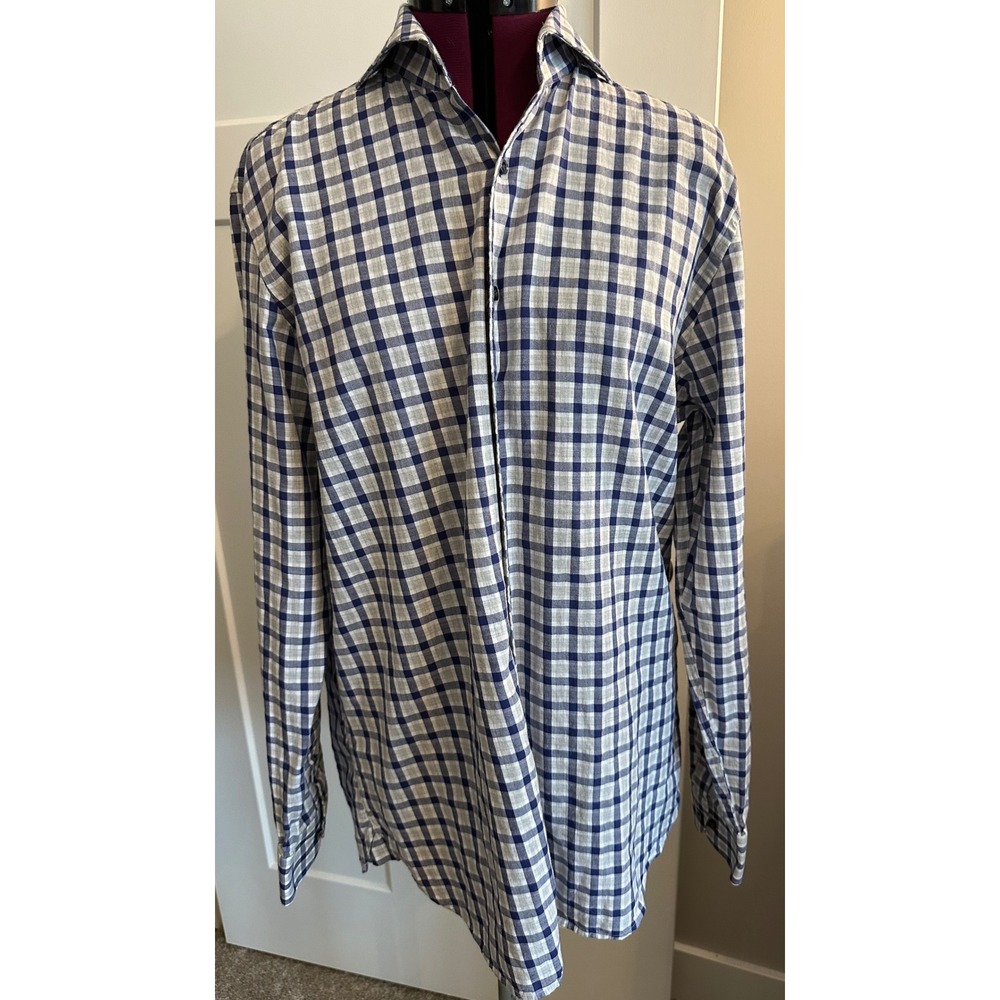 Johnnie-O Top Shelf Mens Large Blue Grey Gingham Check Button Down Shirt L/S